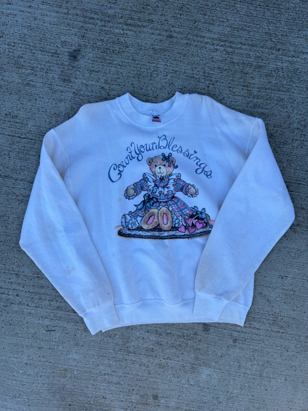 Vintage Count Your Blessings Off White Teddy Bear 90s Fruit of the Loom USA L